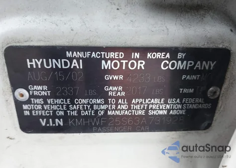 2003 Hyundai Sonata z USA, uszkodzony, nr VIN KMHWF25S63A731928